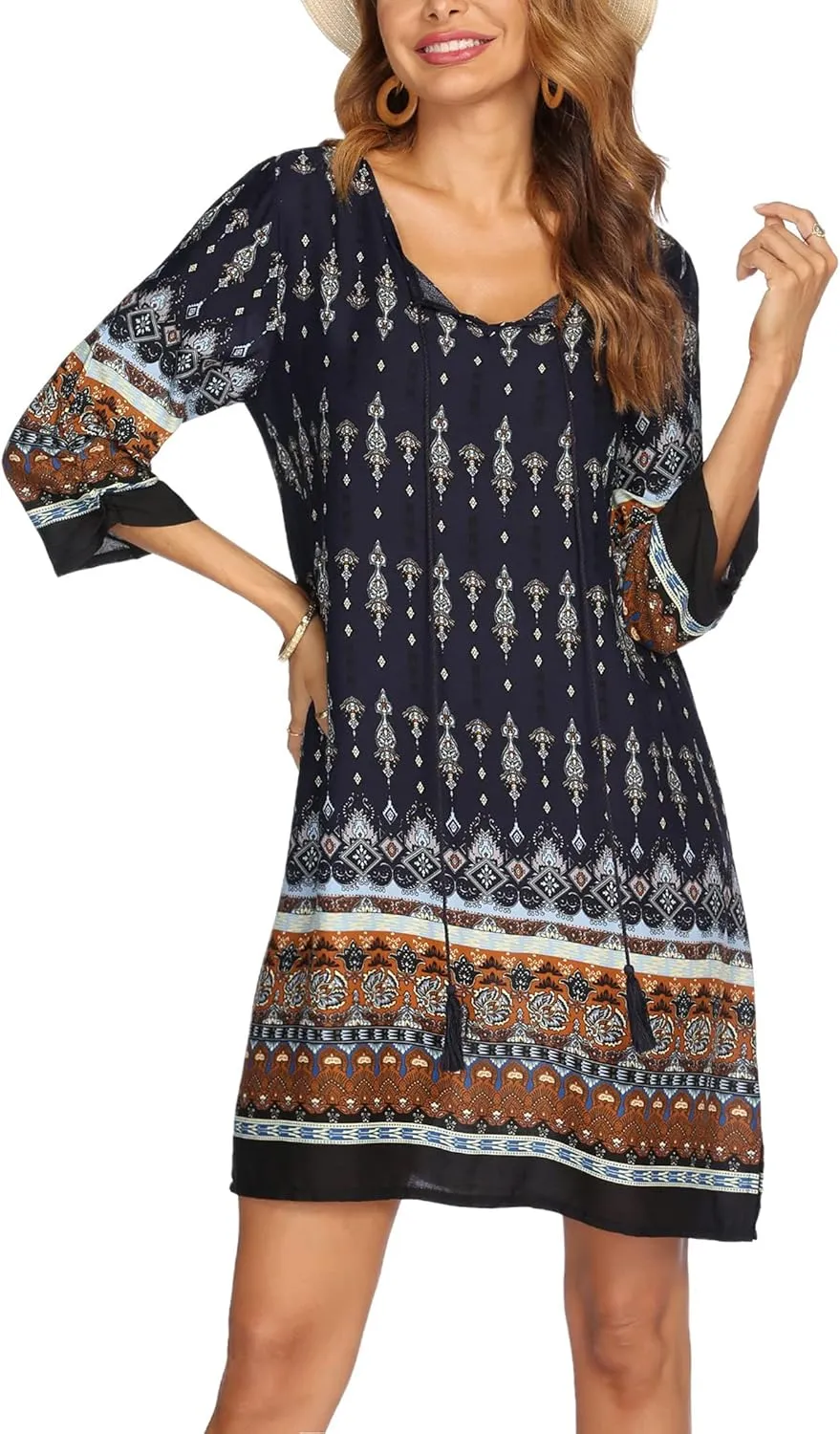 HOTOUCH Women Casual Summer Dress Boho Tassel Tie Neck Cover Up 3/4 Long Sleeve Short Floral Print Flowy Beach Sundresses