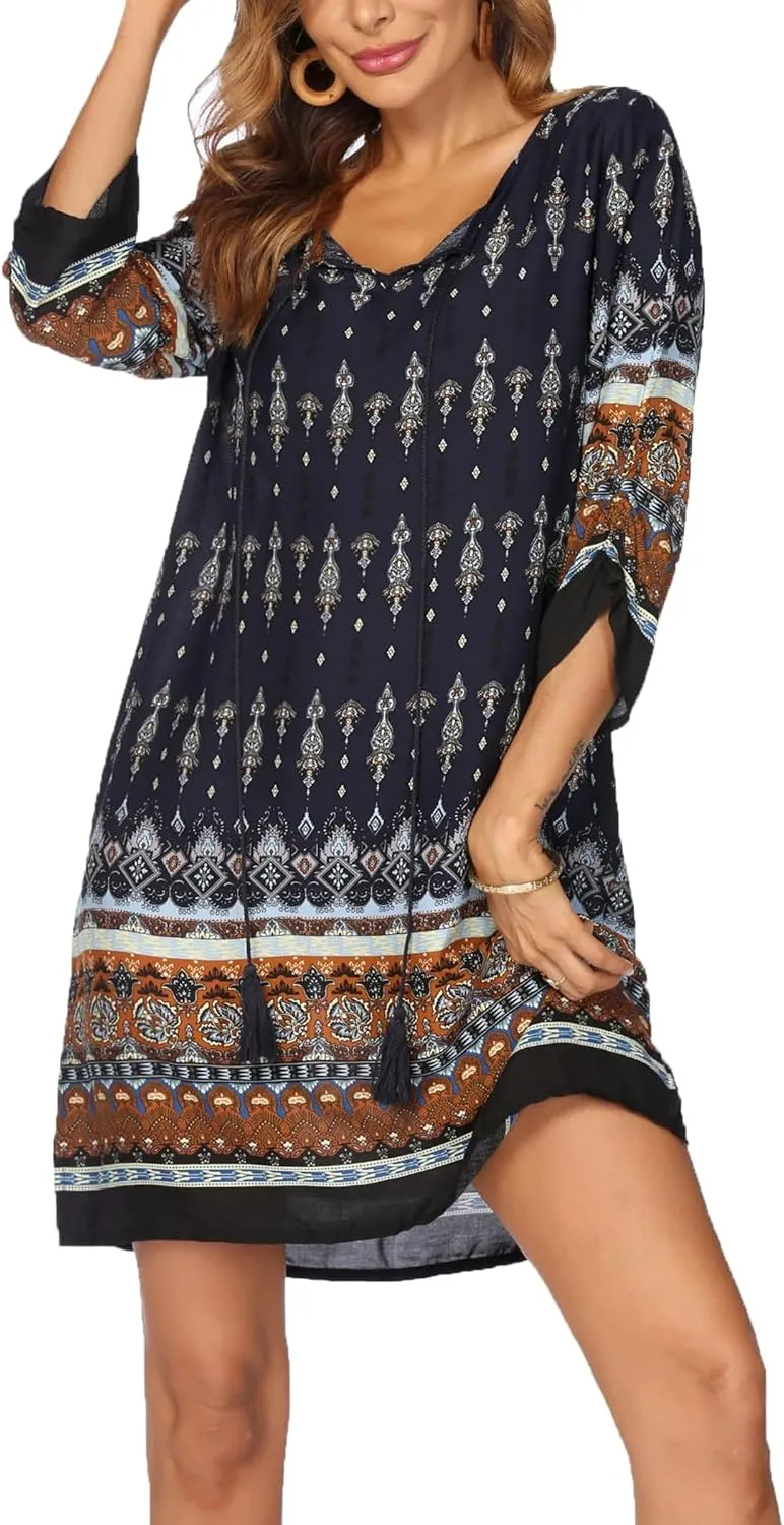 HOTOUCH Women Casual Summer Dress Boho Tassel Tie Neck Cover Up 3/4 Long Sleeve Short Floral Print Flowy Beach Sundresses