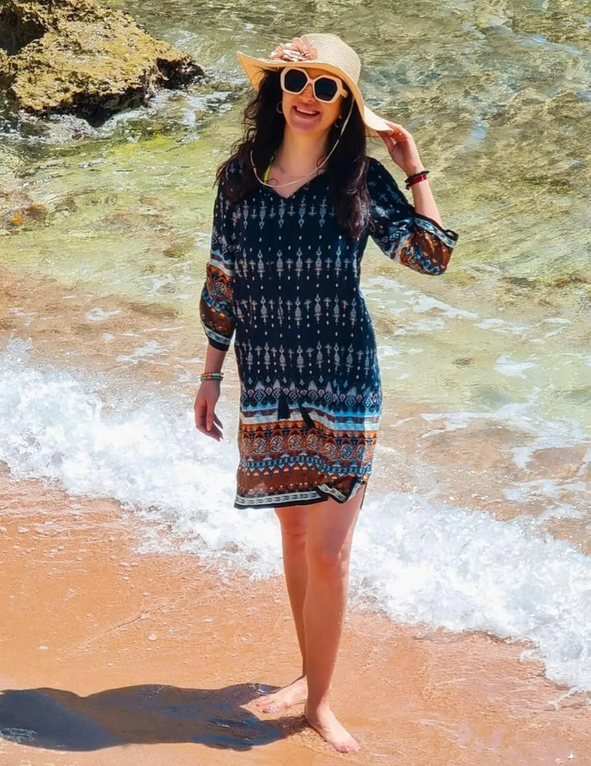 HOTOUCH Women Casual Summer Dress Boho Tassel Tie Neck Cover Up 3/4 Long Sleeve Short Floral Print Flowy Beach Sundresses