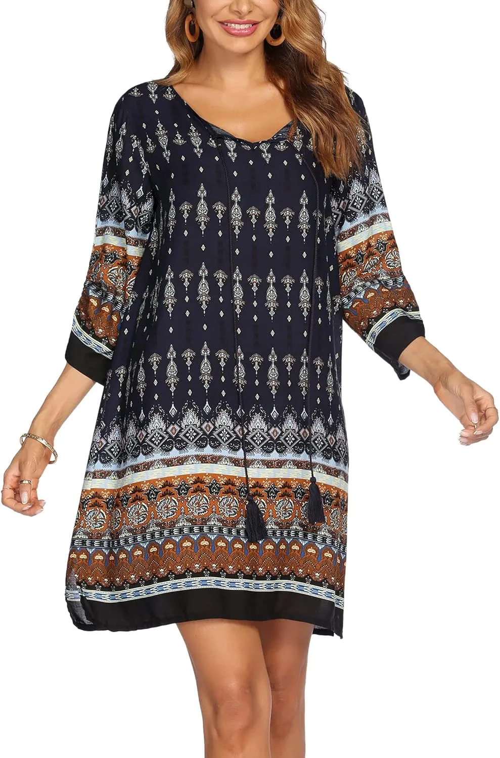 HOTOUCH Women Casual Summer Dress Boho Tassel Tie Neck Cover Up 3/4 Long Sleeve Short Floral Print Flowy Beach Sundresses
