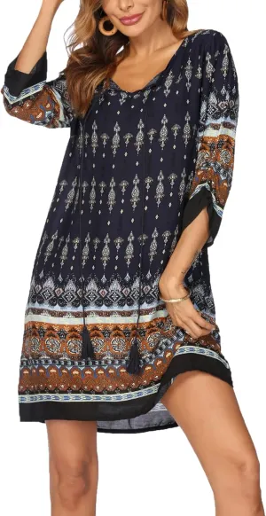 HOTOUCH Women Casual Summer Dress Boho Tassel Tie Neck Cover Up 3/4 Long Sleeve Short Floral Print Flowy Beach Sundresses