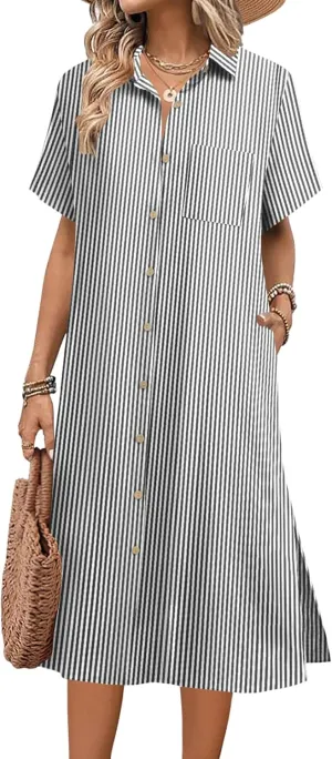 HOTOUCH Womens Dress Summer Casual Midi Short Sleeve Button Down Shirt Dress Loose Beach Cover Up Dress with Pockets