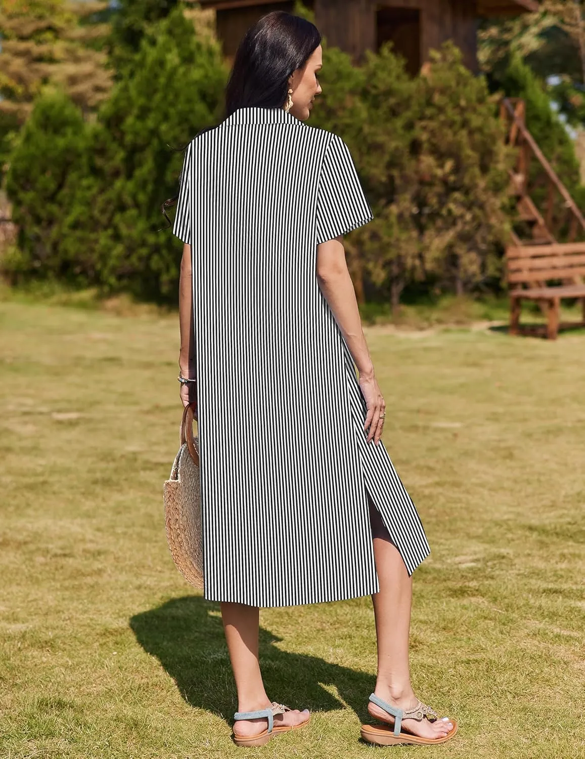 HOTOUCH Womens Dress Summer Casual Midi Short Sleeve Button Down Shirt Dress Loose Beach Cover Up Dress with Pockets