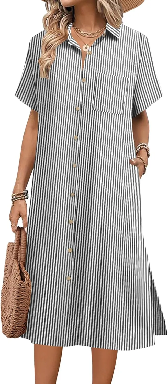 HOTOUCH Womens Dress Summer Casual Midi Short Sleeve Button Down Shirt Dress Loose Beach Cover Up Dress with Pockets