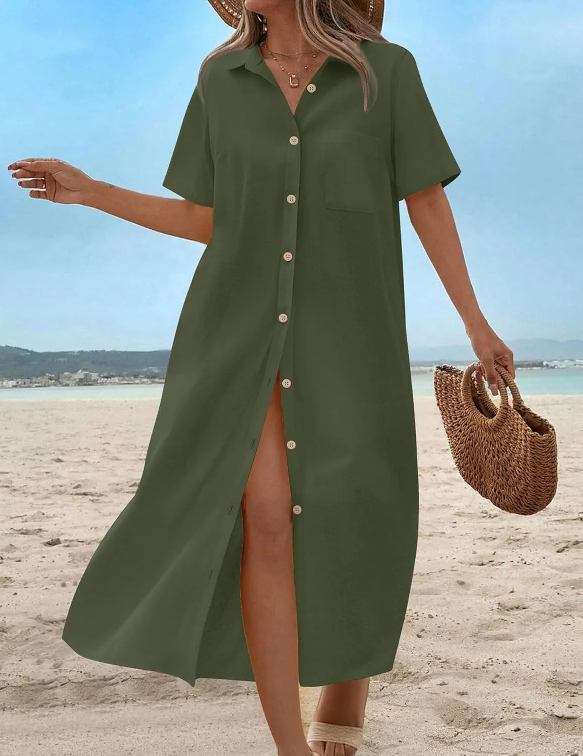HOTOUCH Womens Dress Summer Casual Midi Short Sleeve Button Down Shirt Dresses Loose Beach Cover Up with Pockets