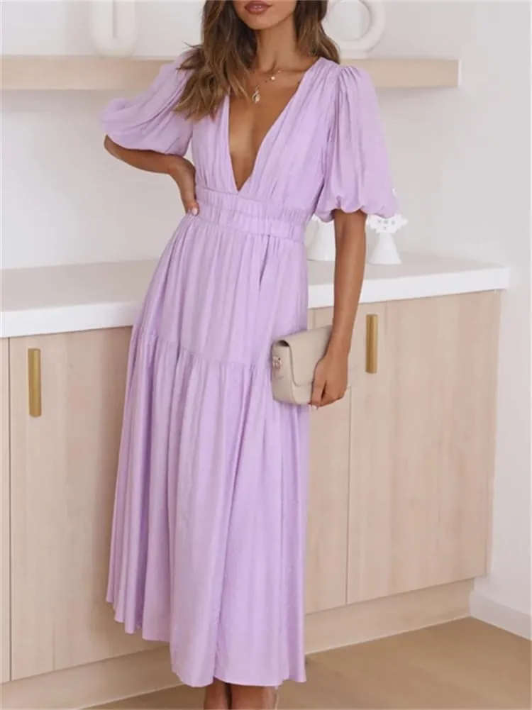 HOULENGS Women's Deep V Neck Puff Short Sleeve Tiered Dress Elastic High Waist Flowy A Line Midi Dresses