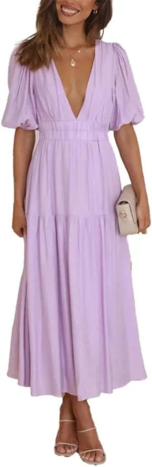 HOULENGS Women's Deep V Neck Puff Short Sleeve Tiered Dress Elastic High Waist Flowy A Line Midi Dresses