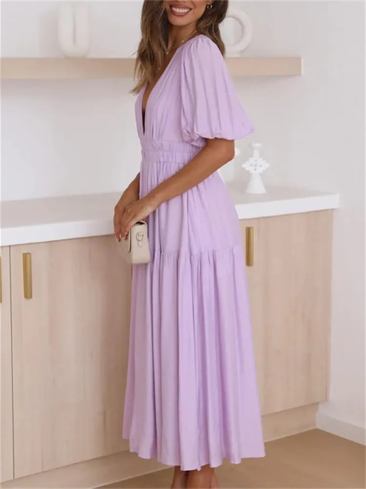 HOULENGS Women's Deep V Neck Puff Short Sleeve Tiered Dress Elastic High Waist Flowy A Line Midi Dresses