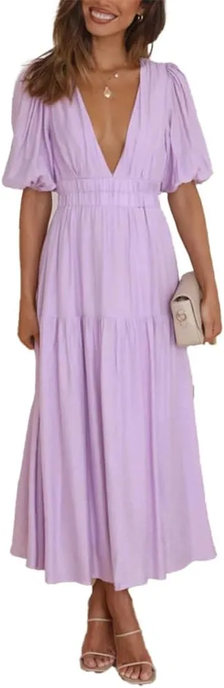 HOULENGS Women's Deep V Neck Puff Short Sleeve Tiered Dress Elastic High Waist Flowy A Line Midi Dresses