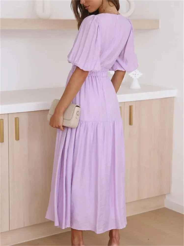 HOULENGS Women's Deep V Neck Puff Short Sleeve Tiered Dress Elastic High Waist Flowy A Line Midi Dresses