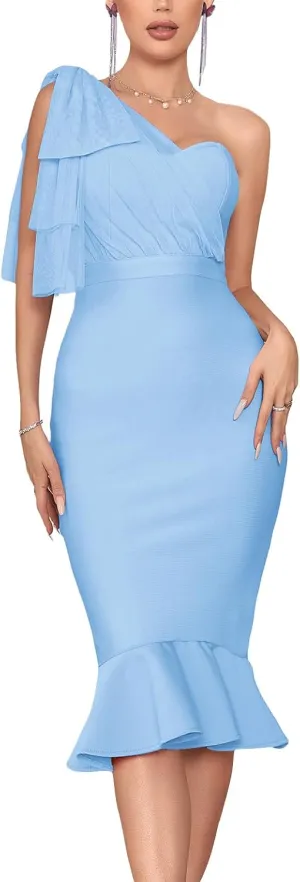 houstil Women's One Shoulder Fishtail Wedding Guest Bandage Dress Mesh Midi Graduation Bodycon Party Club Dresses