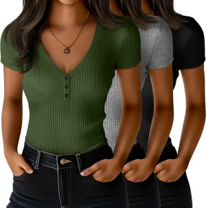 Huukeay 3 Pack Women's Henley T Shirts 95% Cotton Summer Deep V Neck Ribbed Short Sleeve Slim Fit Button Tops Casual Tee(Black, Gray, Army Green,Medium)