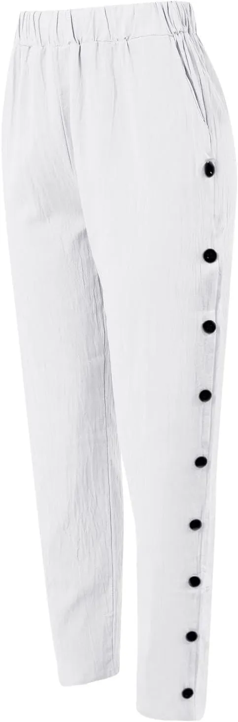HXHYQKP Summer Pants for Women Casual Pants Stripe Print Side Button Trendy Pants Elastic Waist Straight Leg Trousers