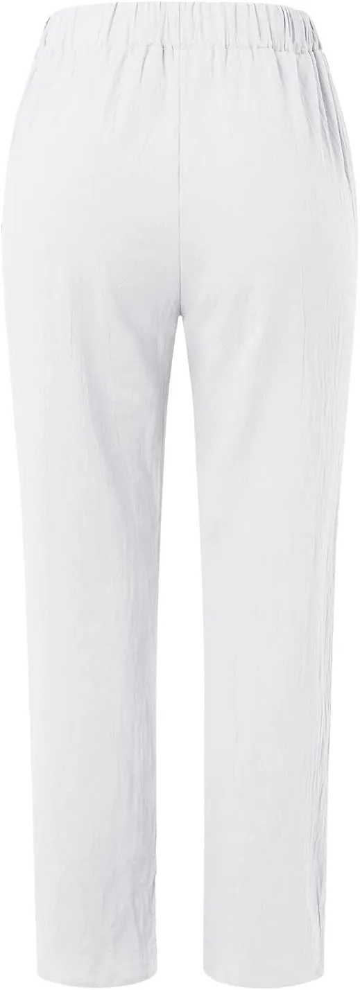 HXHYQKP Summer Pants for Women Casual Pants Stripe Print Side Button Trendy Pants Elastic Waist Straight Leg Trousers