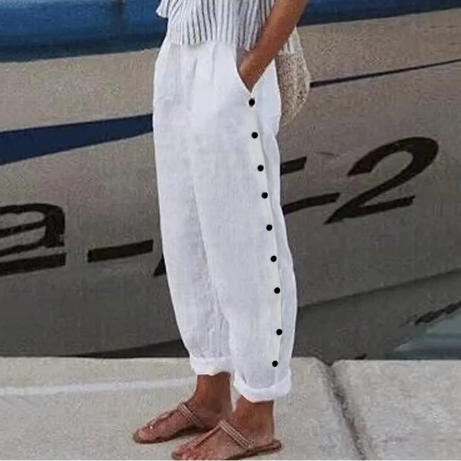 HXHYQKP Summer Pants for Women Casual Pants Stripe Print Side Button Trendy Pants Elastic Waist Straight Leg Trousers