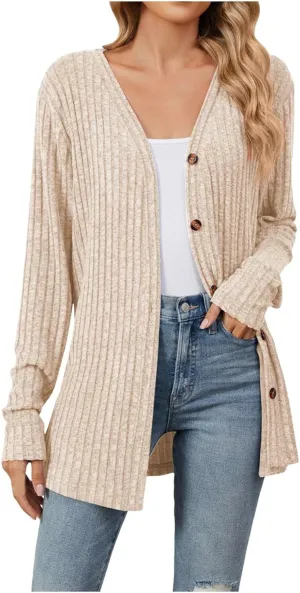 iLH Women 2024 Autumn Mid Long Cardigan Top Casual Long Sleeve V Neck Knitted Sweater Cardigans Loose Coat for Women