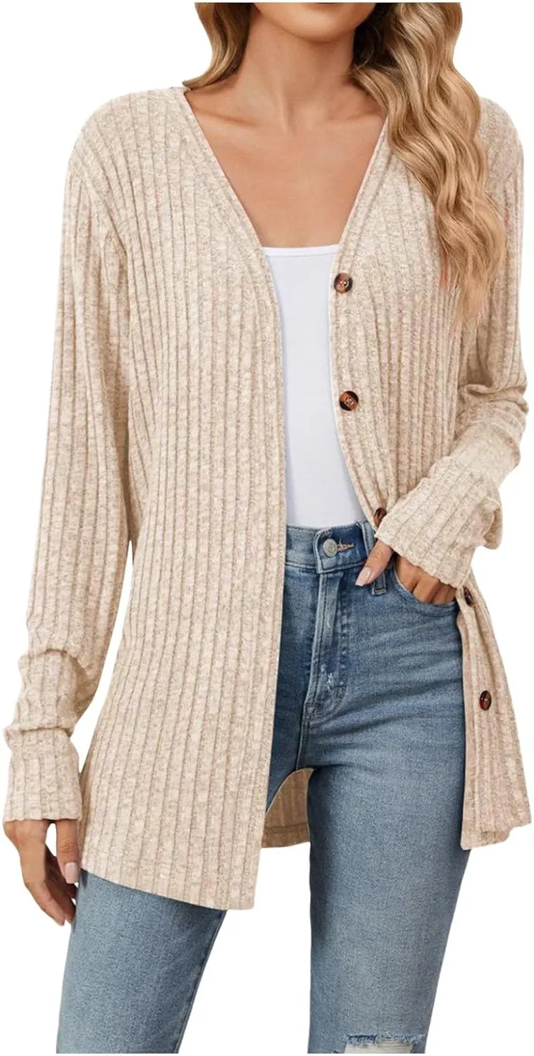 iLH Women 2024 Autumn Mid Long Cardigan Top Casual Long Sleeve V Neck Knitted Sweater Cardigans Loose Coat for Women