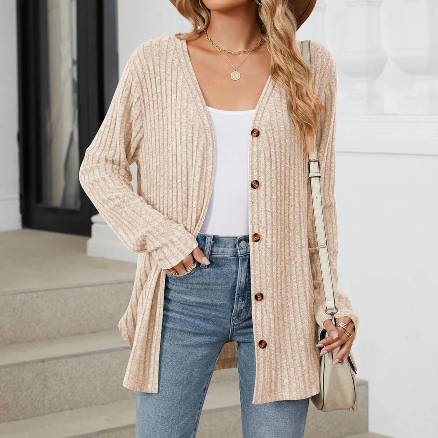 iLH Women 2024 Autumn Mid Long Cardigan Top Casual Long Sleeve V Neck Knitted Sweater Cardigans Loose Coat for Women