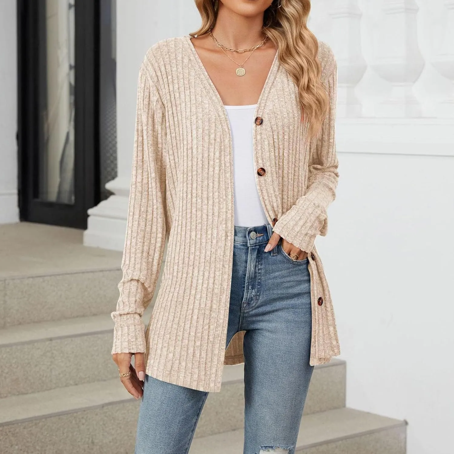 iLH Women 2024 Autumn Mid Long Cardigan Top Casual Long Sleeve V Neck Knitted Sweater Cardigans Loose Coat for Women