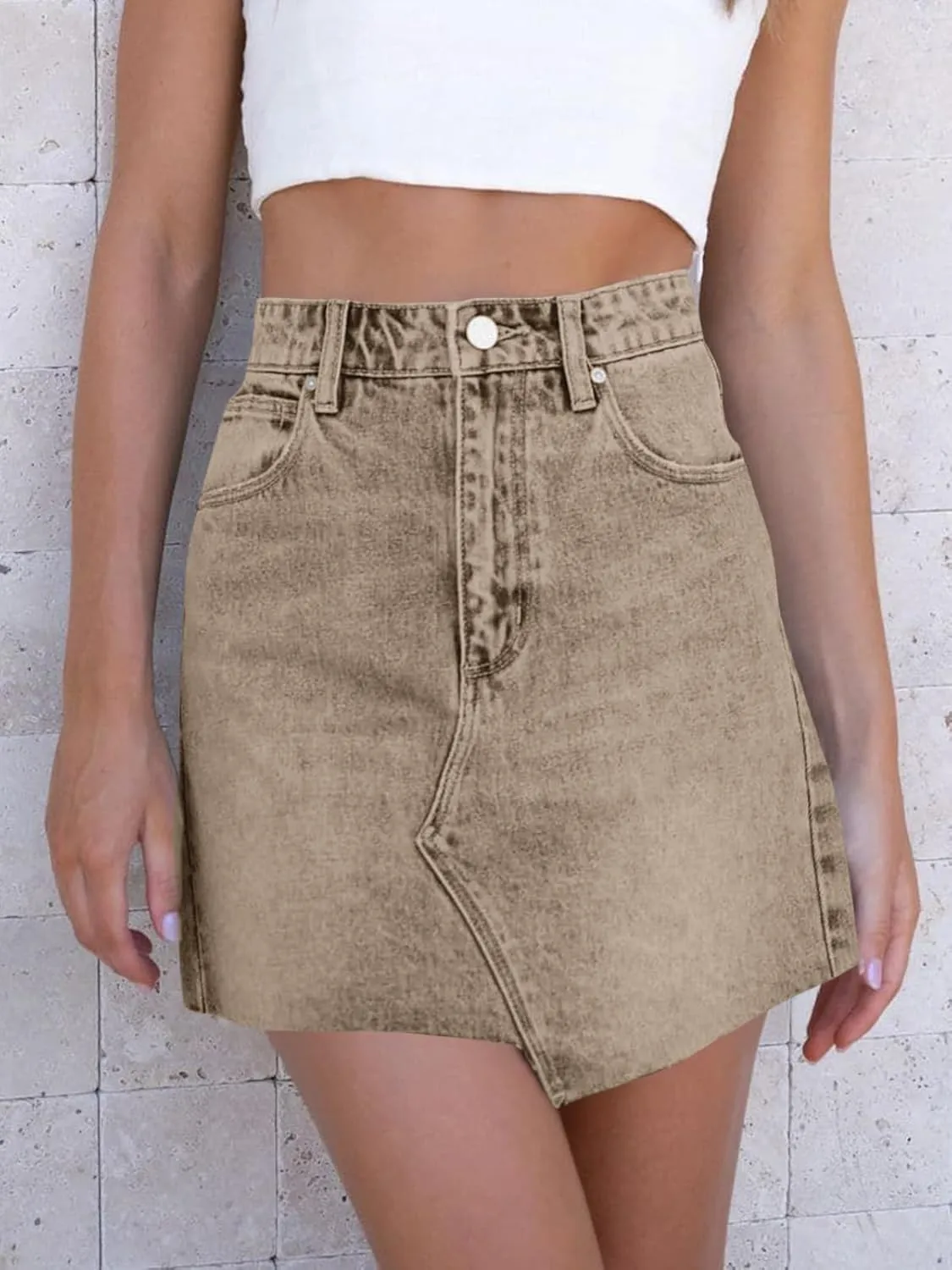 imesrun Womens Mini Denim Skirts Causal High Waisted Cute Asymmetrical Hem Summer Short Jean Skirts with Pockets