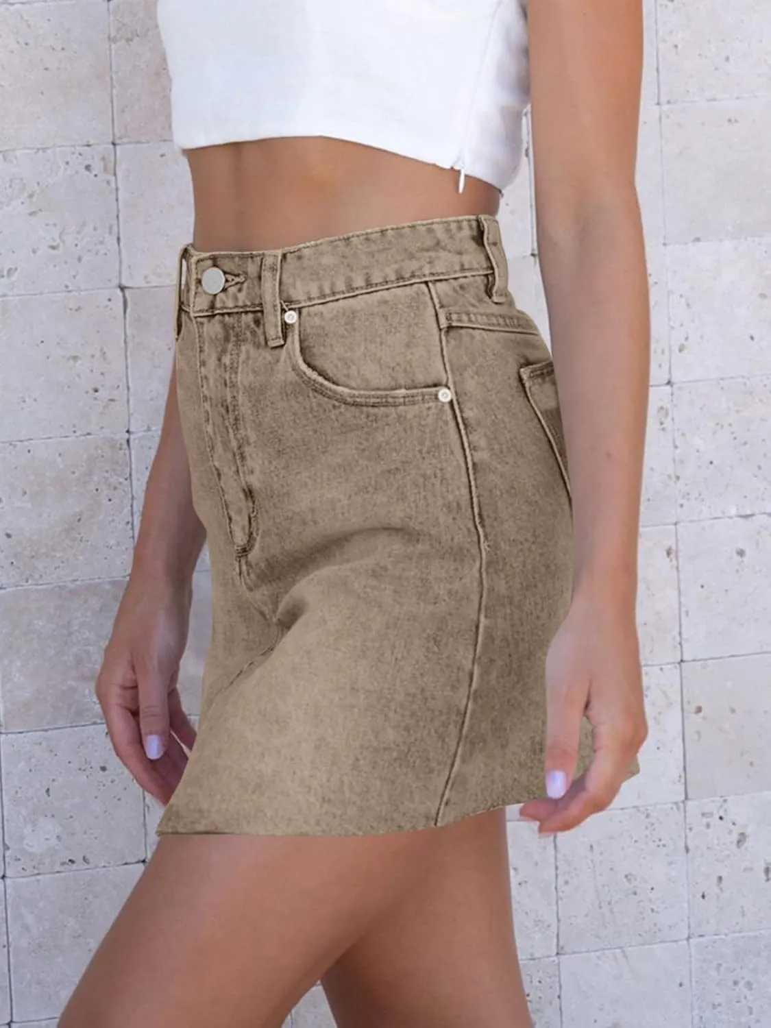 imesrun Womens Mini Denim Skirts Causal High Waisted Cute Asymmetrical Hem Summer Short Jean Skirts with Pockets