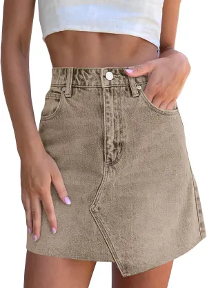 imesrun Womens Mini Denim Skirts Causal High Waisted Cute Asymmetrical Hem Summer Short Jean Skirts with Pockets
