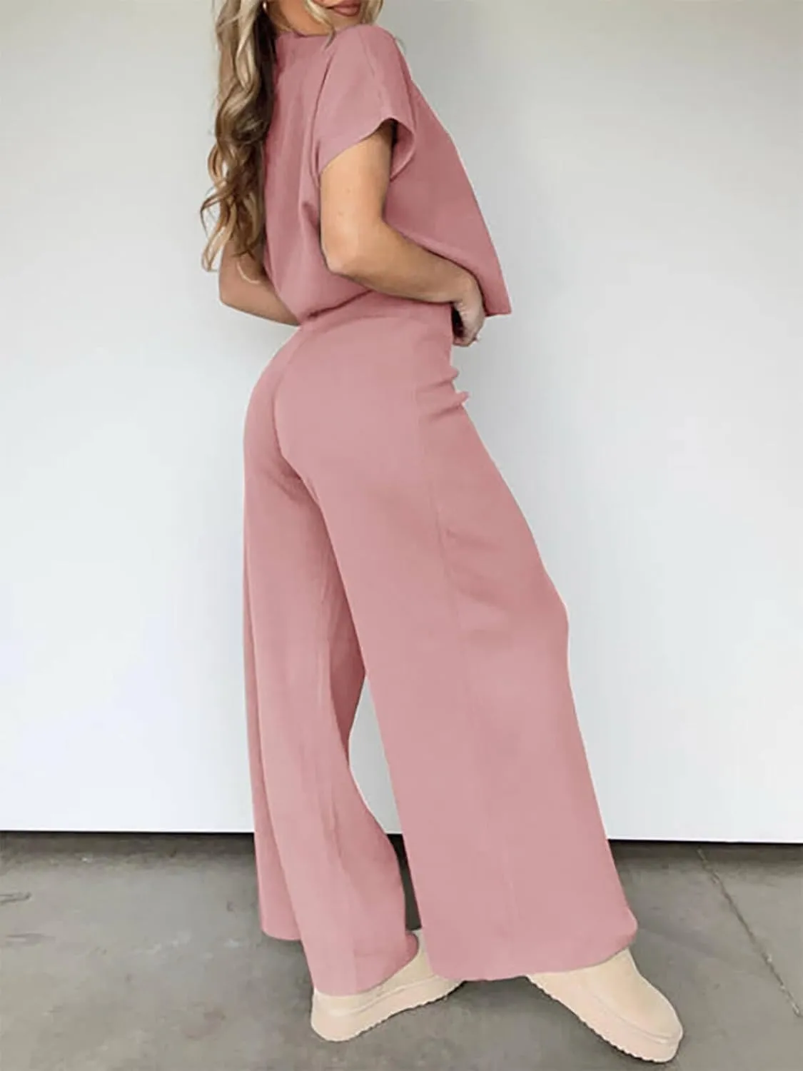 Imily Bela Women's 2 Piece Outfits Sweater Knit Sets Mock Neck Short Sleeve Tops Wide Leg Pants Casual Tracksuit