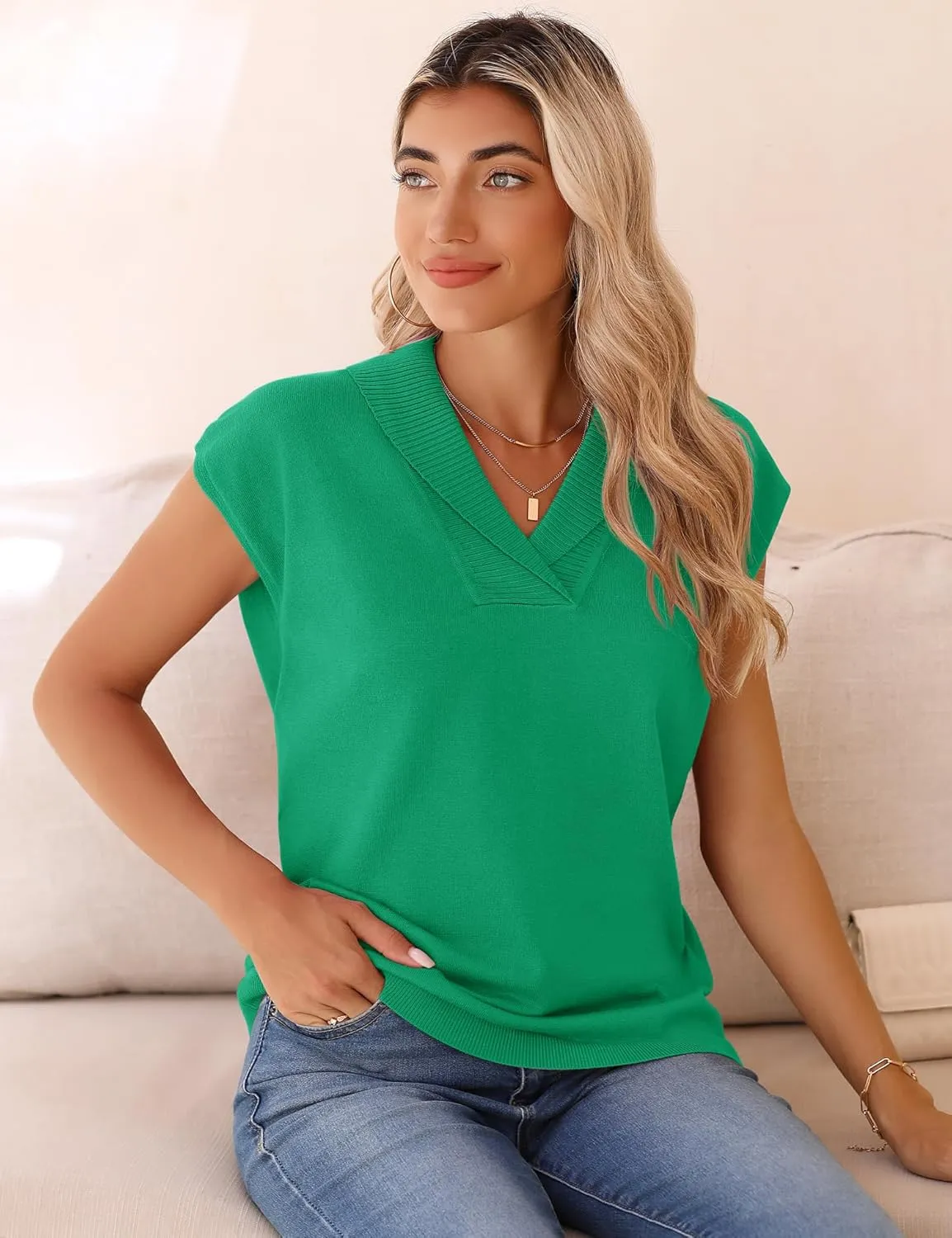 Ivicoer Sweater Vest Women V-Neck Knitted Pullover Short Cap Sleeve Collared Tops Dressy Casual 2025 Summer Fashion Trendy