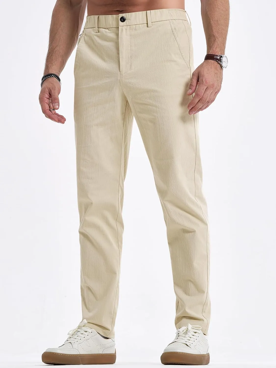 JMIERR Men's Casual Chino Pants Stretch Washed Crinkle 4 Way Textured Pants with Zipper Pockets and Elastic Waistband