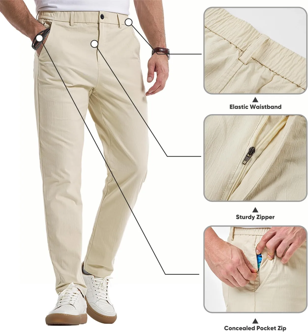 JMIERR Men's Casual Chino Pants Stretch Washed Crinkle 4 Way Textured Pants with Zipper Pockets and Elastic Waistband