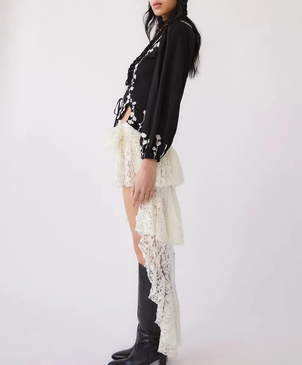 Juakoso Women Y2k Ruffle Mini Skirt Floral Lace Asymmetrical Hem Pleated Skirt Fairycore Sheer Mesh A Line Short Skirts