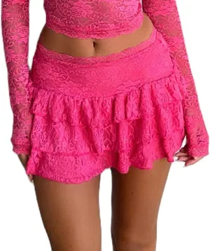 Juakoso Women Y2k Ruffle Mini Skirt Floral Lace Asymmetrical Hem Pleated Skirt Fairycore Sheer Mesh A Line Short Skirts