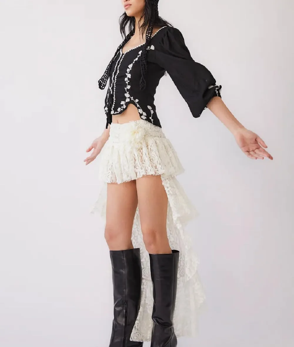 Juakoso Women Y2k Ruffle Mini Skirt Floral Lace Asymmetrical Hem Pleated Skirt Fairycore Sheer Mesh A Line Short Skirts