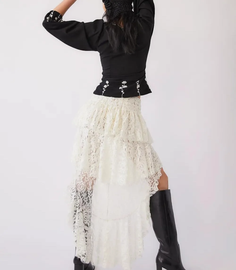 Juakoso Women Y2k Ruffle Mini Skirt Floral Lace Asymmetrical Hem Pleated Skirt Fairycore Sheer Mesh A Line Short Skirts