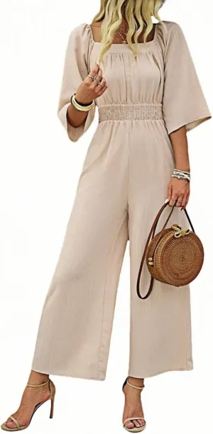 Jumpsuits for Women Casual Dressy Smocked High Waisted Wide Leg Jumpsuits Summer Boho Short Sleeve Square Neck Long Romper