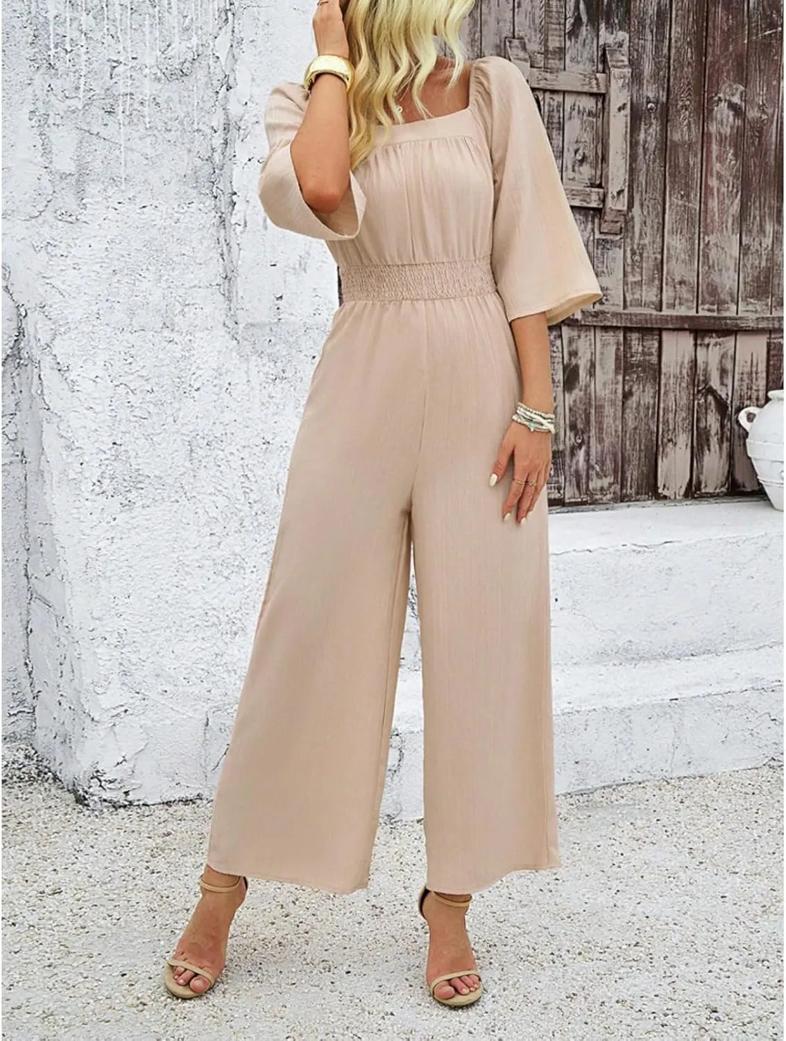 Jumpsuits for Women Casual Dressy Smocked High Waisted Wide Leg Jumpsuits Summer Boho Short Sleeve Square Neck Long Romper