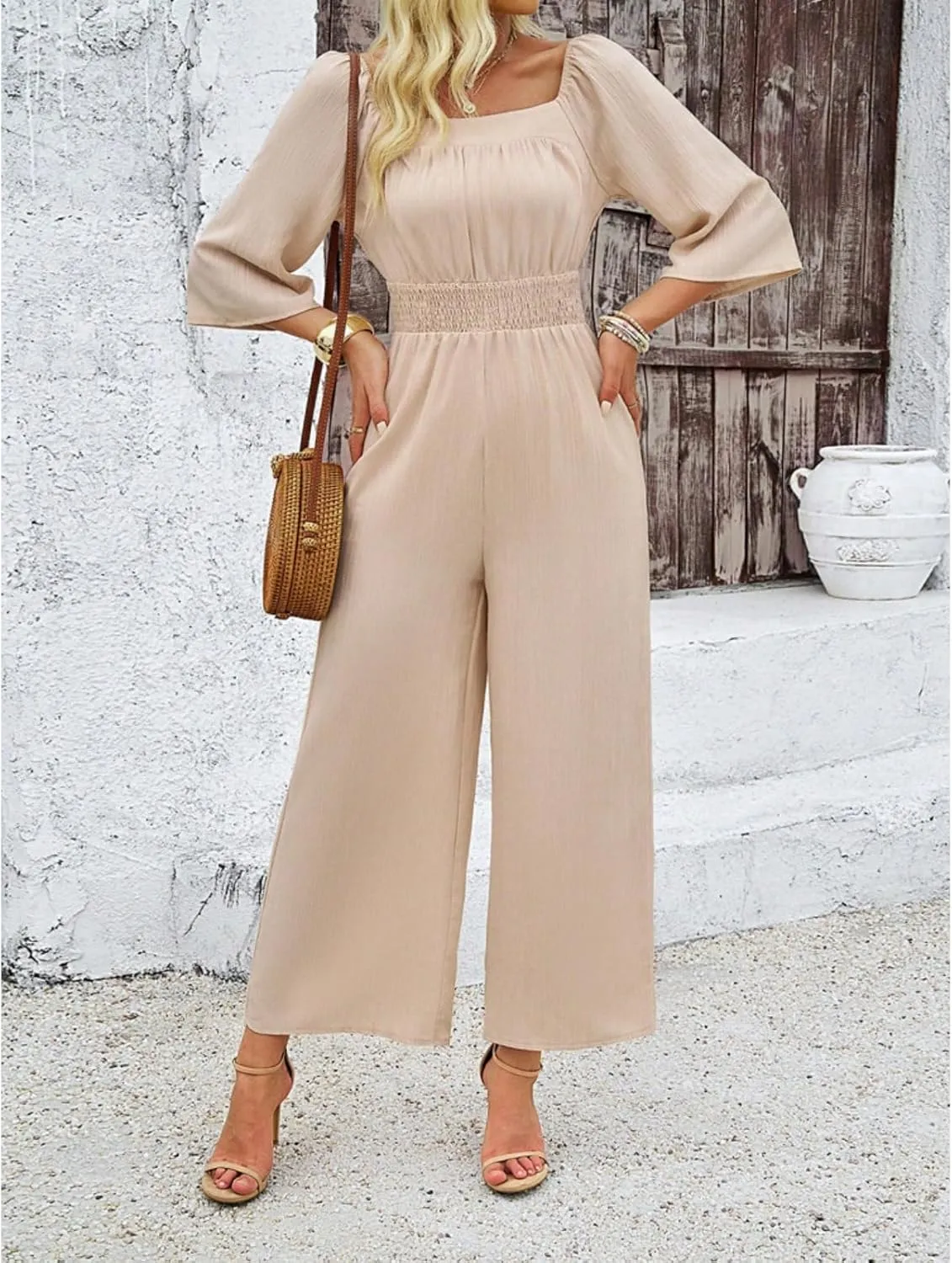 Jumpsuits for Women Casual Dressy Smocked High Waisted Wide Leg Jumpsuits Summer Boho Short Sleeve Square Neck Long Romper