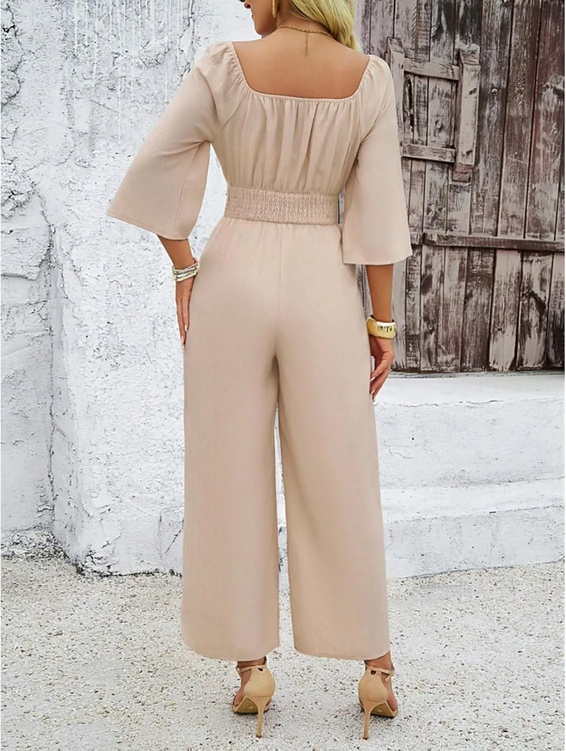 Jumpsuits for Women Casual Dressy Smocked High Waisted Wide Leg Jumpsuits Summer Boho Short Sleeve Square Neck Long Romper