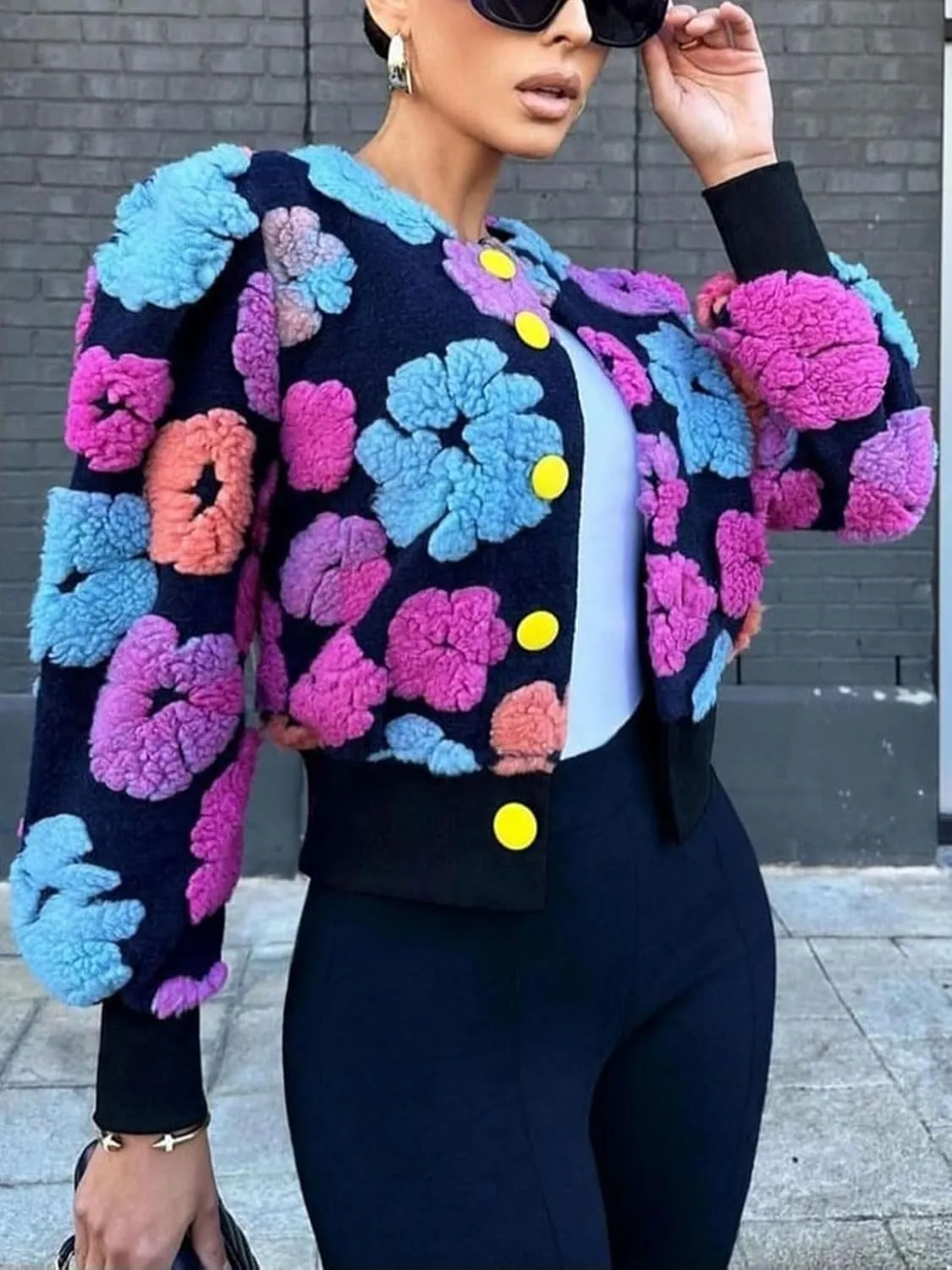 KANSOON Wool Coats for Women Floral Puff Sleeve Single Breasted Short Fall Winter Jacket