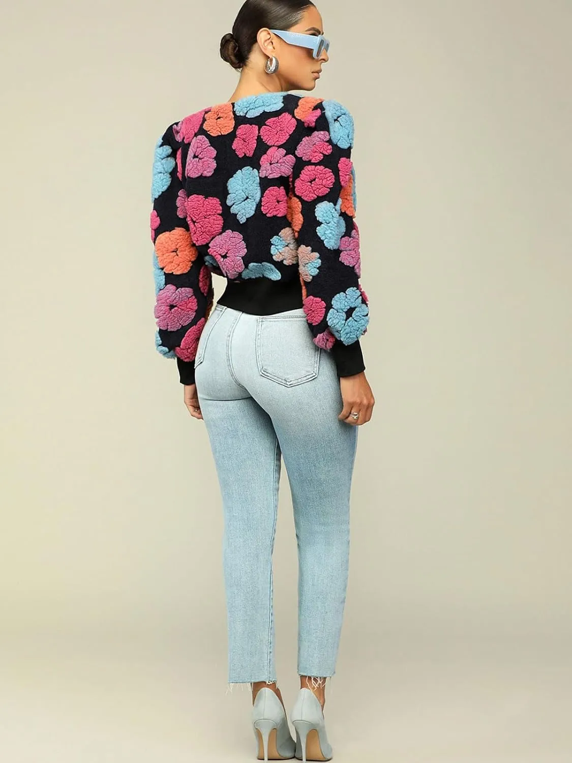 KANSOON Wool Coats for Women Floral Puff Sleeve Single Breasted Short Fall Winter Jacket