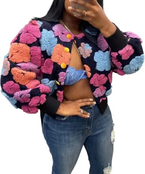 KANSOON Wool Coats for Women Floral Puff Sleeve Single Breasted Short Fall Winter Jacket