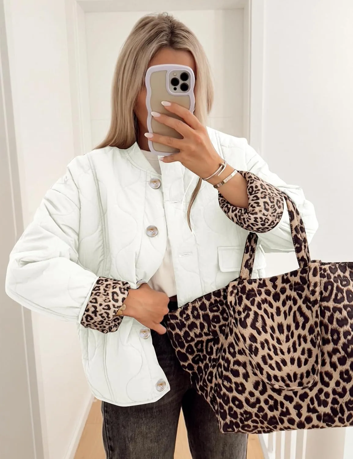 Kissonic Womens Quilted Lightweight Jackets Button Down Puffer Jacket Leopard Lined Bomber Coat with Pockets