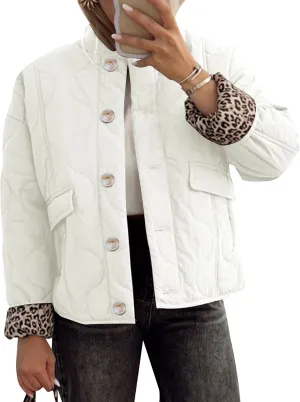 Kissonic Womens Quilted Lightweight Jackets Button Down Puffer Jacket Leopard Lined Bomber Coat with Pockets