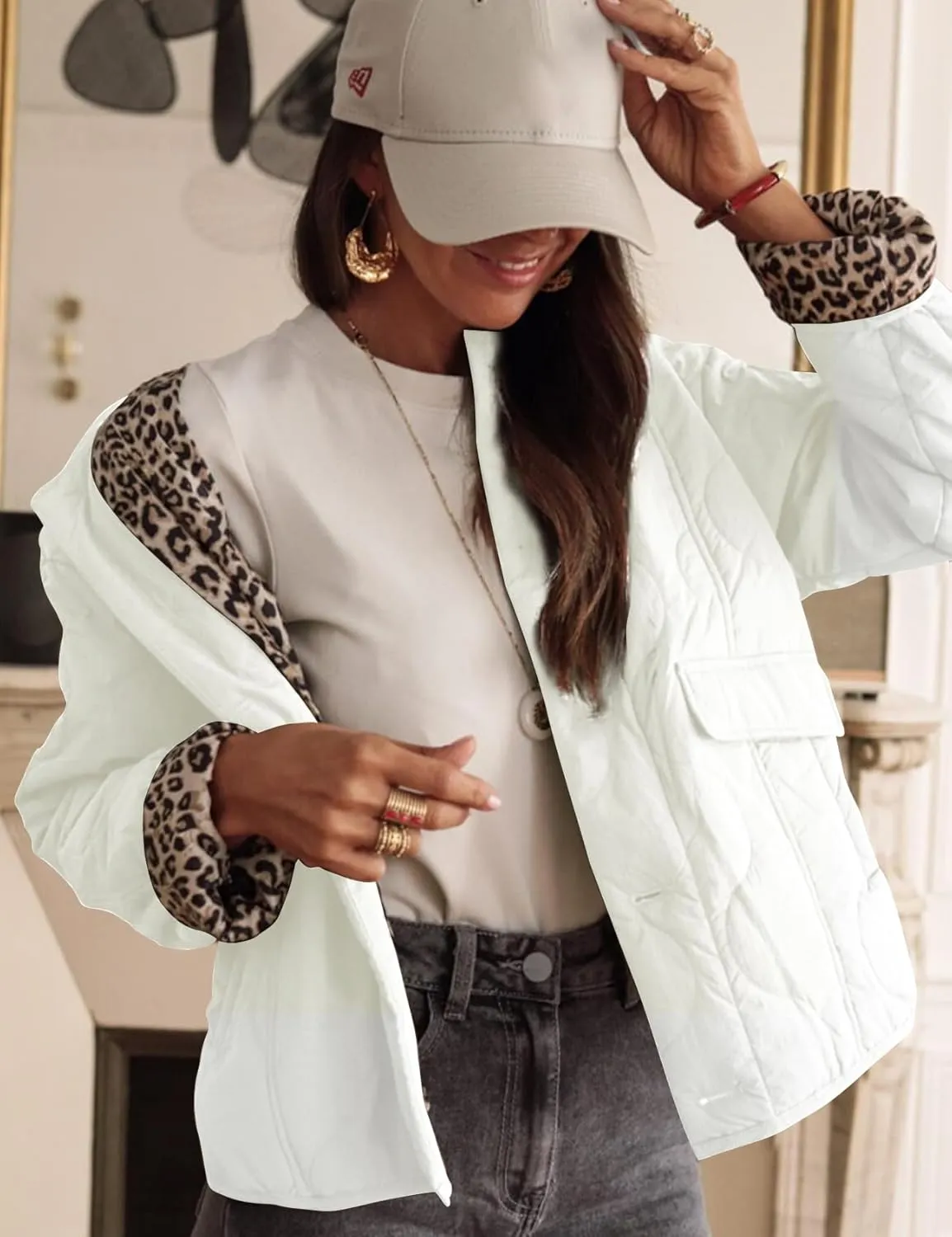 Kissonic Womens Quilted Lightweight Jackets Button Down Puffer Jacket Leopard Lined Bomber Coat with Pockets
