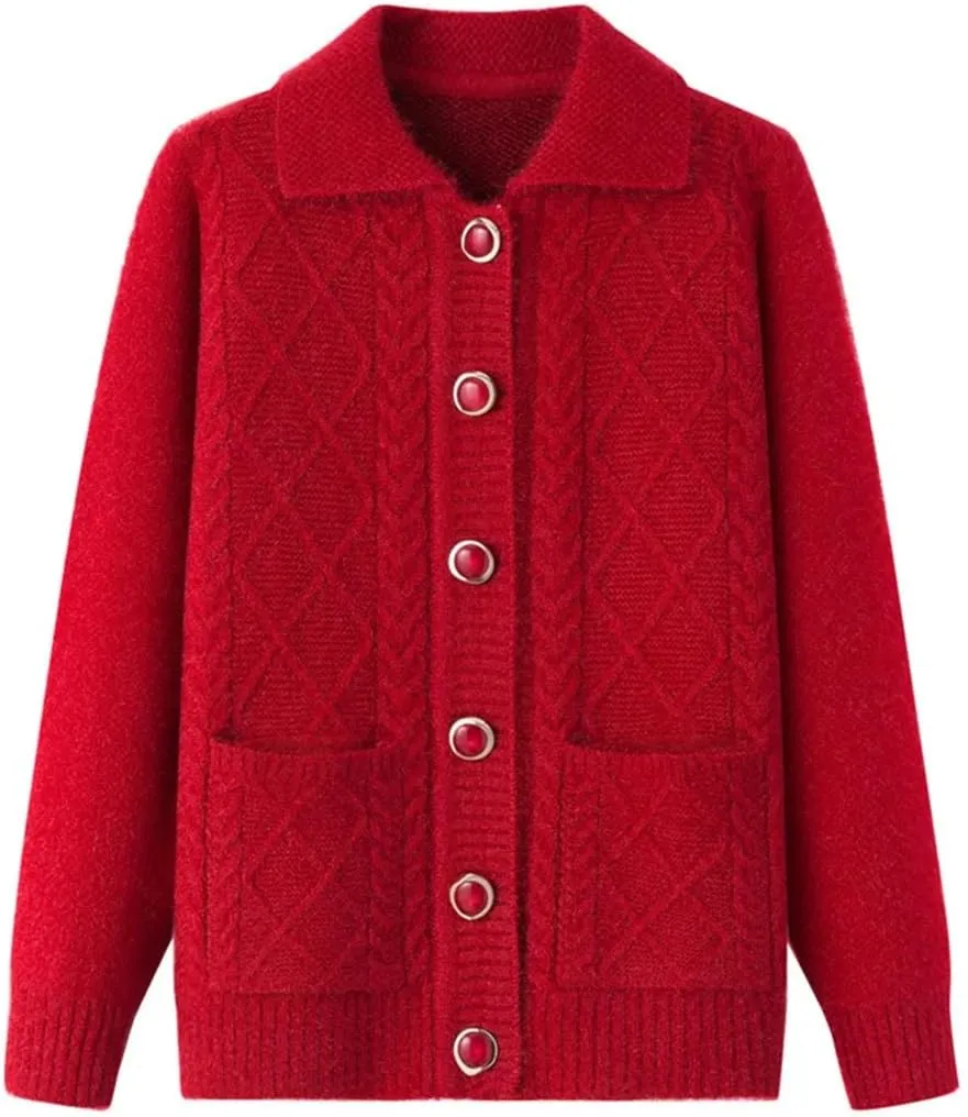 Korean Middle-Aged Elderly Mother Autumn Winter Coats Grandma's Thicken Knitted Sweaters Women Cardigan Tops