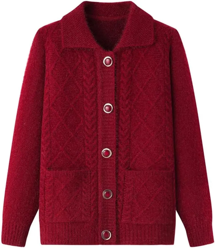 Korean Middle-Aged Elderly Mother Autumn Winter Coats Grandma's Thicken Knitted Sweaters Women Cardigan Tops