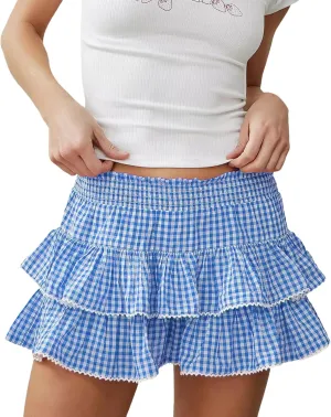 KOSUSANILL Ruffle Lolita Mini Skirt Women Y2k Gingham Smocked Cosplay Layered Costume Pleated Micro Skirt