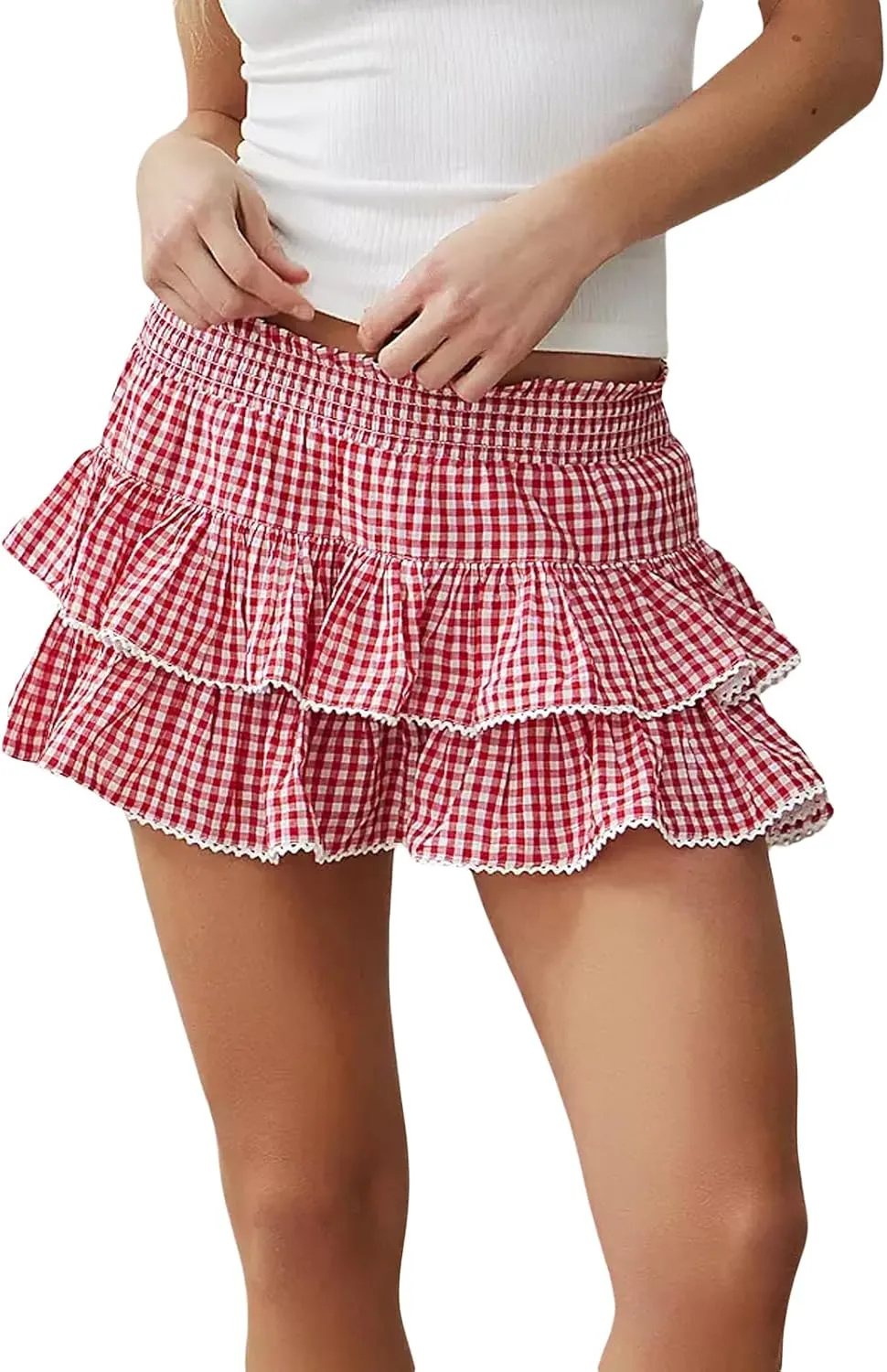 KOSUSANILL Ruffle Lolita Mini Skirt Women Y2k Gingham Smocked Cosplay Layered Costume Pleated Micro Skirt