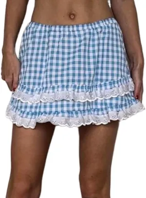 KOSUSANILL Ruffle Lolita Mini Skirt Women Y2k Gingham Smocked Cosplay Layered Costume Pleated Micro Skirt