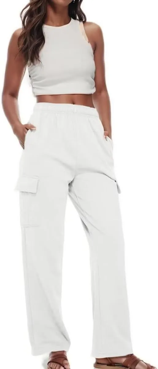 Ladies Sweat Pants Cargo Joggers Oversized Straight Leg Pant Tall High Waist Lounge Pants Loose Trousers with Pockets